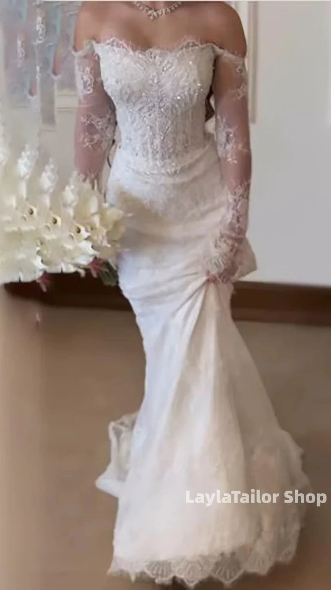 Elegant Mermaid Lace Wedding Dresses Beaded Long Sleeves Bridal Gown,LTP3647