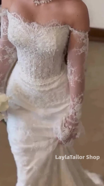 Elegant Mermaid Lace Wedding Dresses Beaded Long Sleeves Bridal Gown,LTP3647
