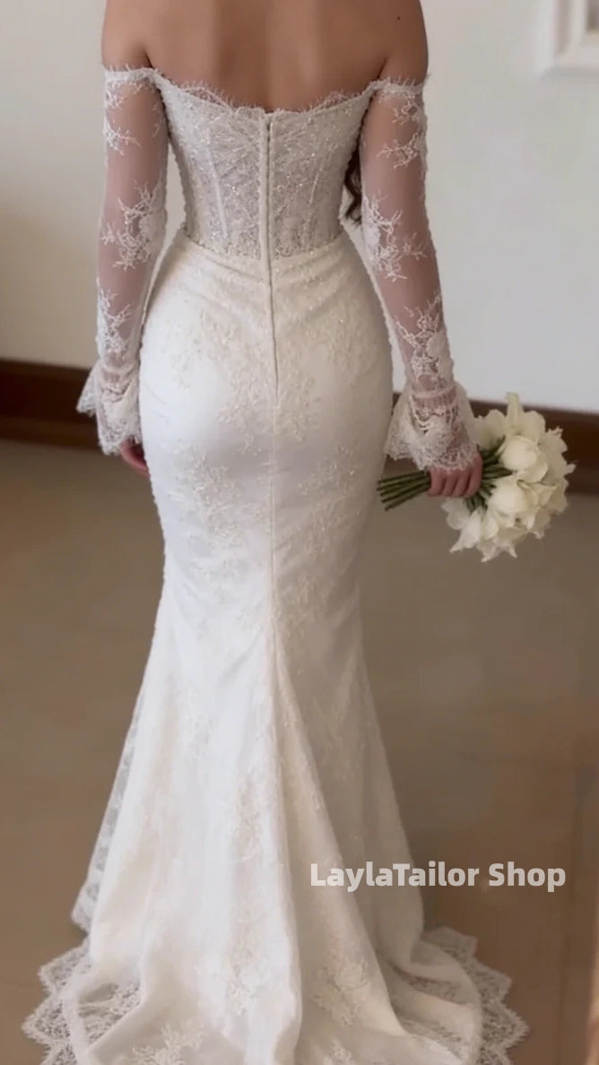 Elegant Mermaid Lace Wedding Dresses Beaded Long Sleeves Bridal Gown,LTP3647