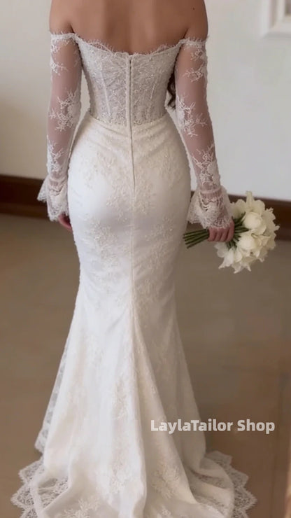 Elegant Mermaid Lace Wedding Dresses Beaded Long Sleeves Bridal Gown,LTP3647