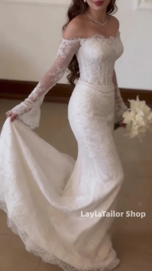 Elegant Mermaid Lace Wedding Dresses Beaded Long Sleeves Bridal Gown,LTP3647