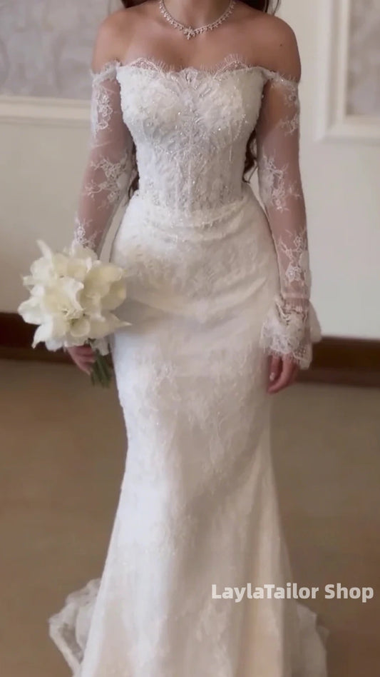 Elegant Mermaid Lace Wedding Dresses Beaded Long Sleeves Bridal Gown,LTP3647
