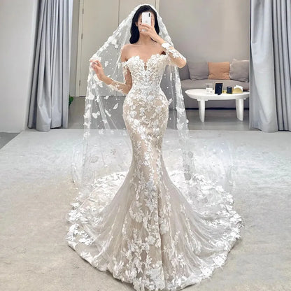 Elegant Mermaid Wedding Dresses Off The Shoulder Long Sleeves Lace Bridal Gowns