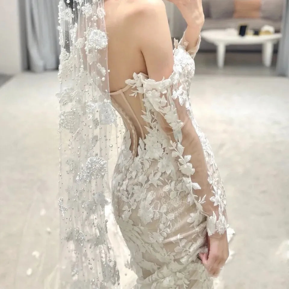 Elegant Mermaid Wedding Dresses Off The Shoulder Long Sleeves Lace Bridal Gowns