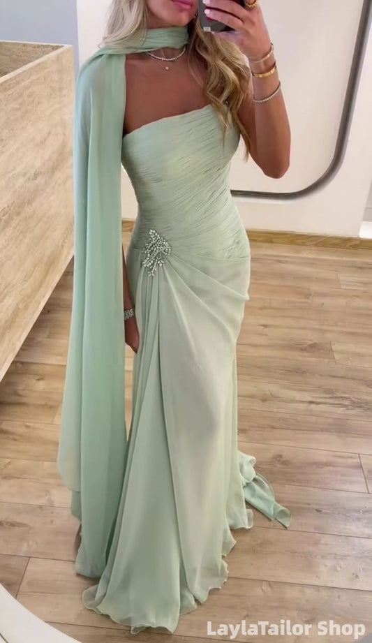 Elegant Mint Green Mermaid Chiffon Pleated Long Prom Dress With Scarf LTP82602