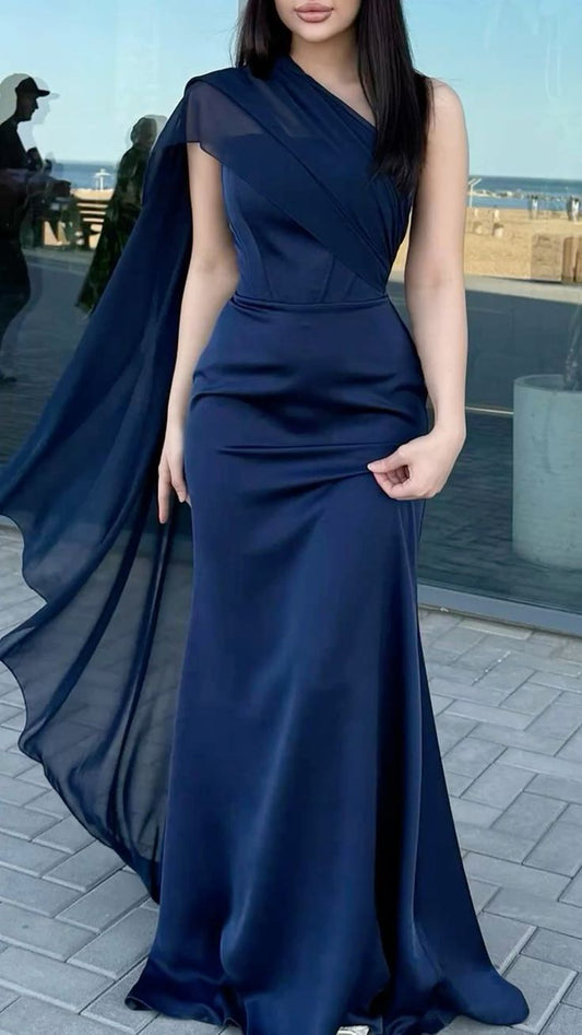 Elegant Navy Blue Satin Prom Dresses Long Chiffon Mermaid Party Dress,LTP4464