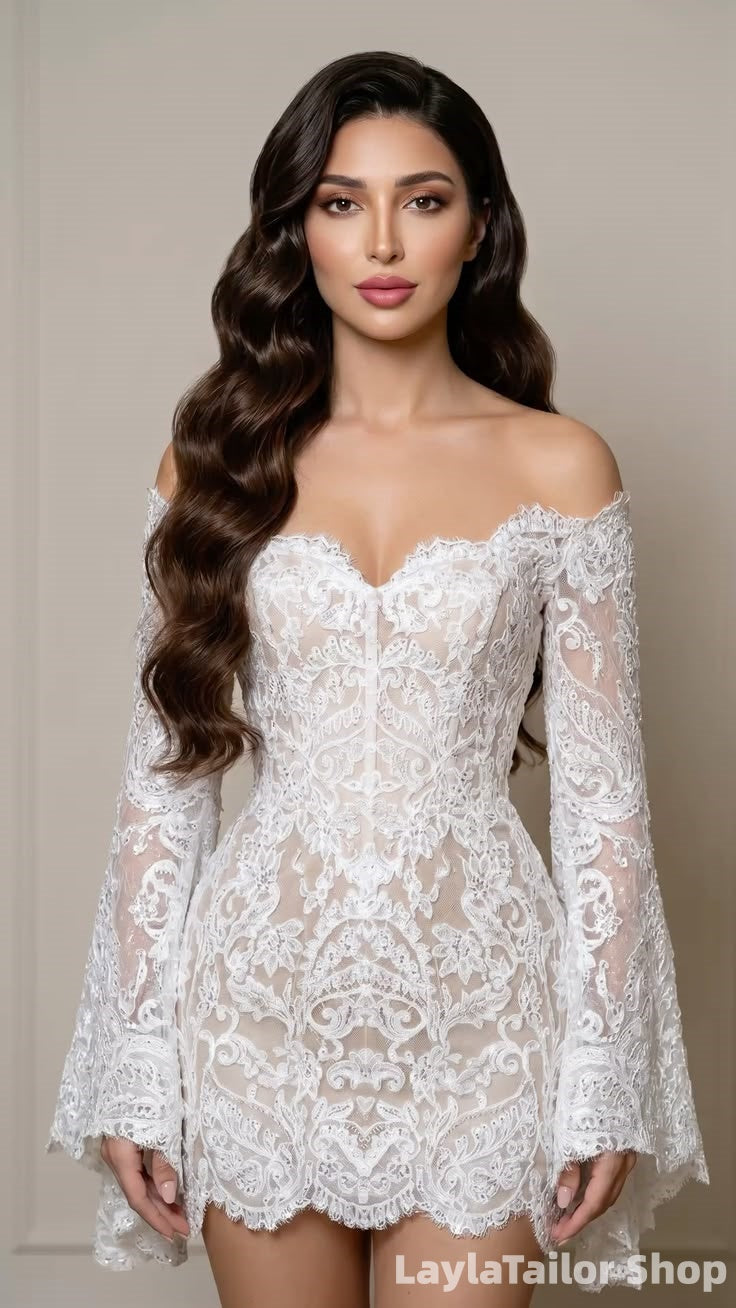 Elegant Off The Shoulder Long Sleeves Lace Short Wedding Dresses LTP82634