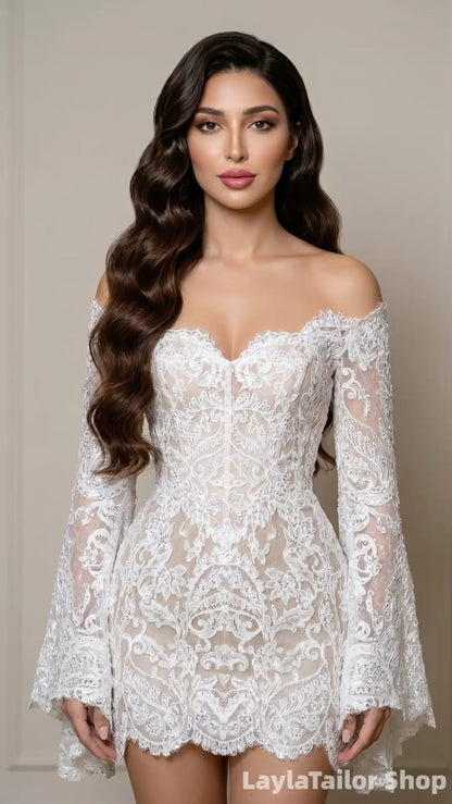 Elegant Off The Shoulder Long Sleeves Lace Short Wedding Dresses LTP82634