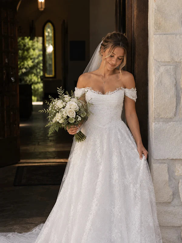 Elegant Off The Shoulder White Lace Wedding Dress A-Line Bridal Gown With Train,LTP82800
