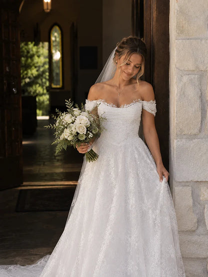 Elegant Off The Shoulder White Lace Wedding Dress A-Line Bridal Gown With Train,LTP82800