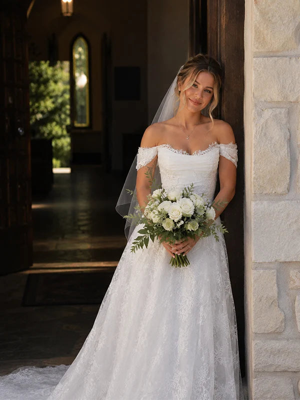 Elegant Off The Shoulder White Lace Wedding Dress A-Line Bridal Gown With Train,LTP82800