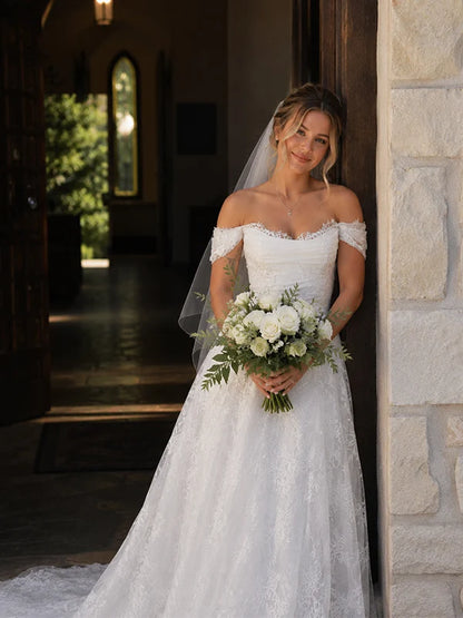 Elegant Off The Shoulder White Lace Wedding Dress A-Line Bridal Gown With Train,LTP82800