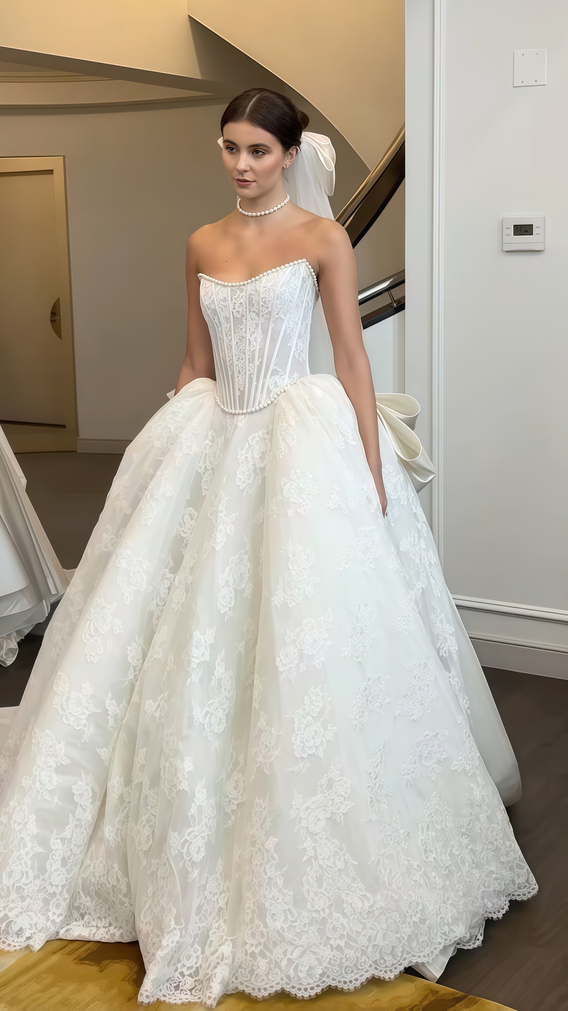 Elegant Pearl Beaded Wedding Dress, Lace Ball Gown With Big Bow,LTP345