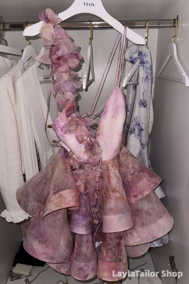 Elegant Pink 3D Floral Short Homecoming Dresses V-Neck Ruffle Hoco Dress