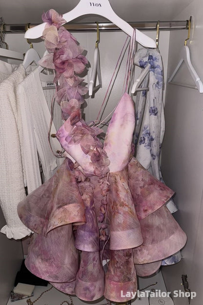 Elegant Pink 3D Floral Short Homecoming Dresses V-Neck Ruffle Hoco Dress