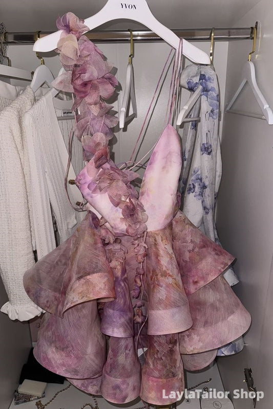 Elegant Pink 3D Floral Short Homecoming Dresses V-Neck Ruffle Hoco Dress