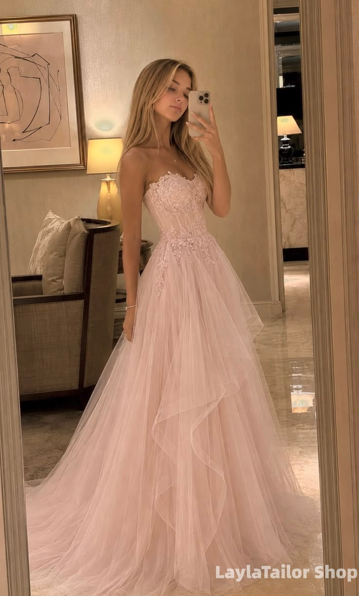 Elegant Pink Appliques Tulle Prom Dress Sweetheart Long Formal Dresses