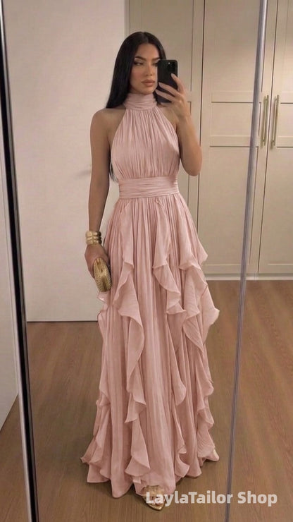 Elegant Pink Halter Chiffon Pleated Long Formal Prom Dress LTP82690
