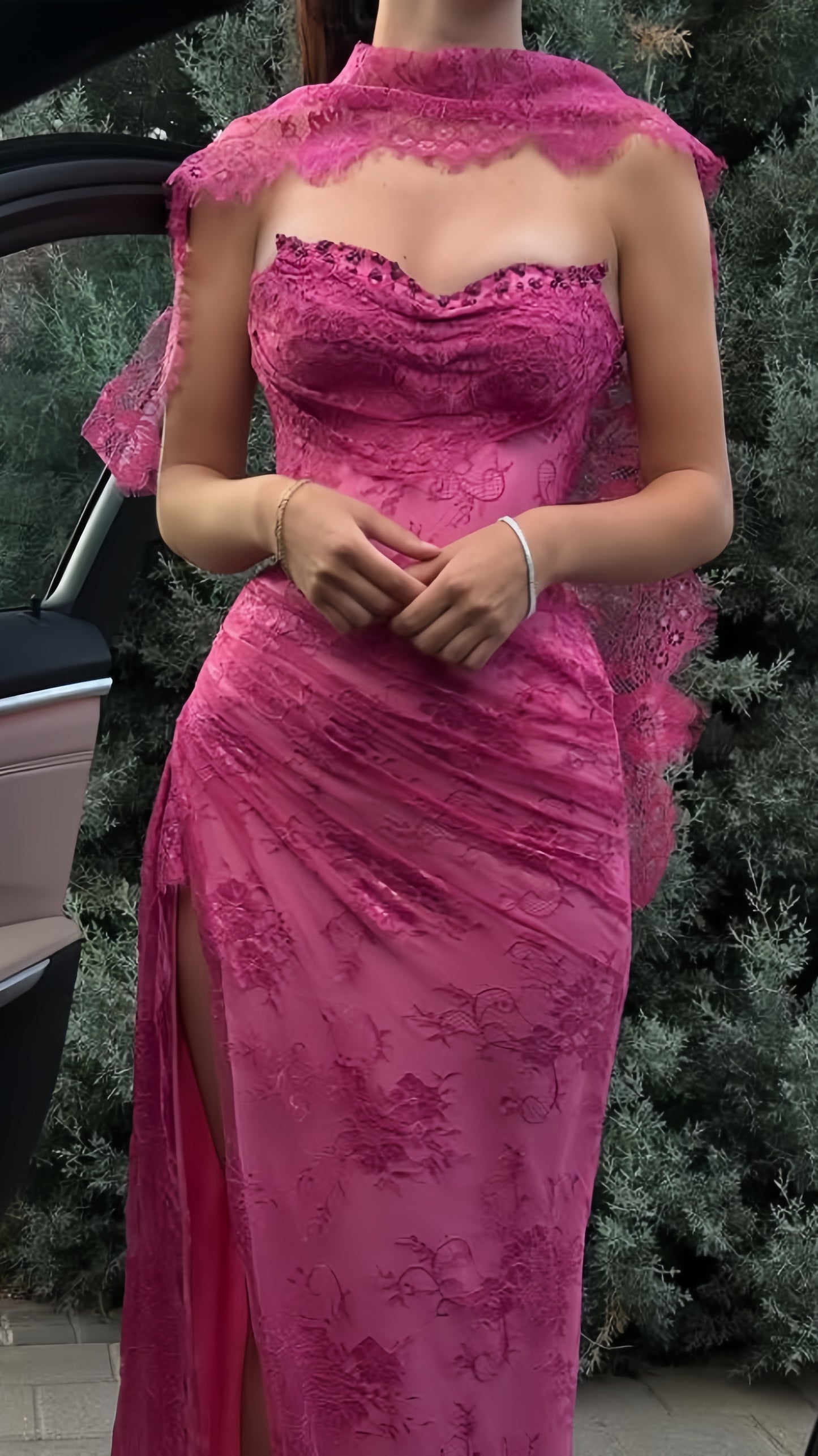 Elegant Pink Lace Mermaid Prom Dresses Long Evening Party Dress With Slit, LTP3992