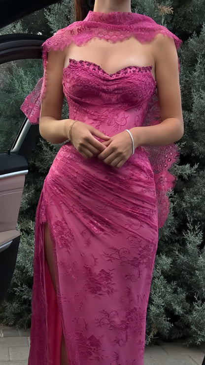 Elegant Pink Lace Mermaid Prom Dresses Long Evening Party Dress With Slit, LTP3992