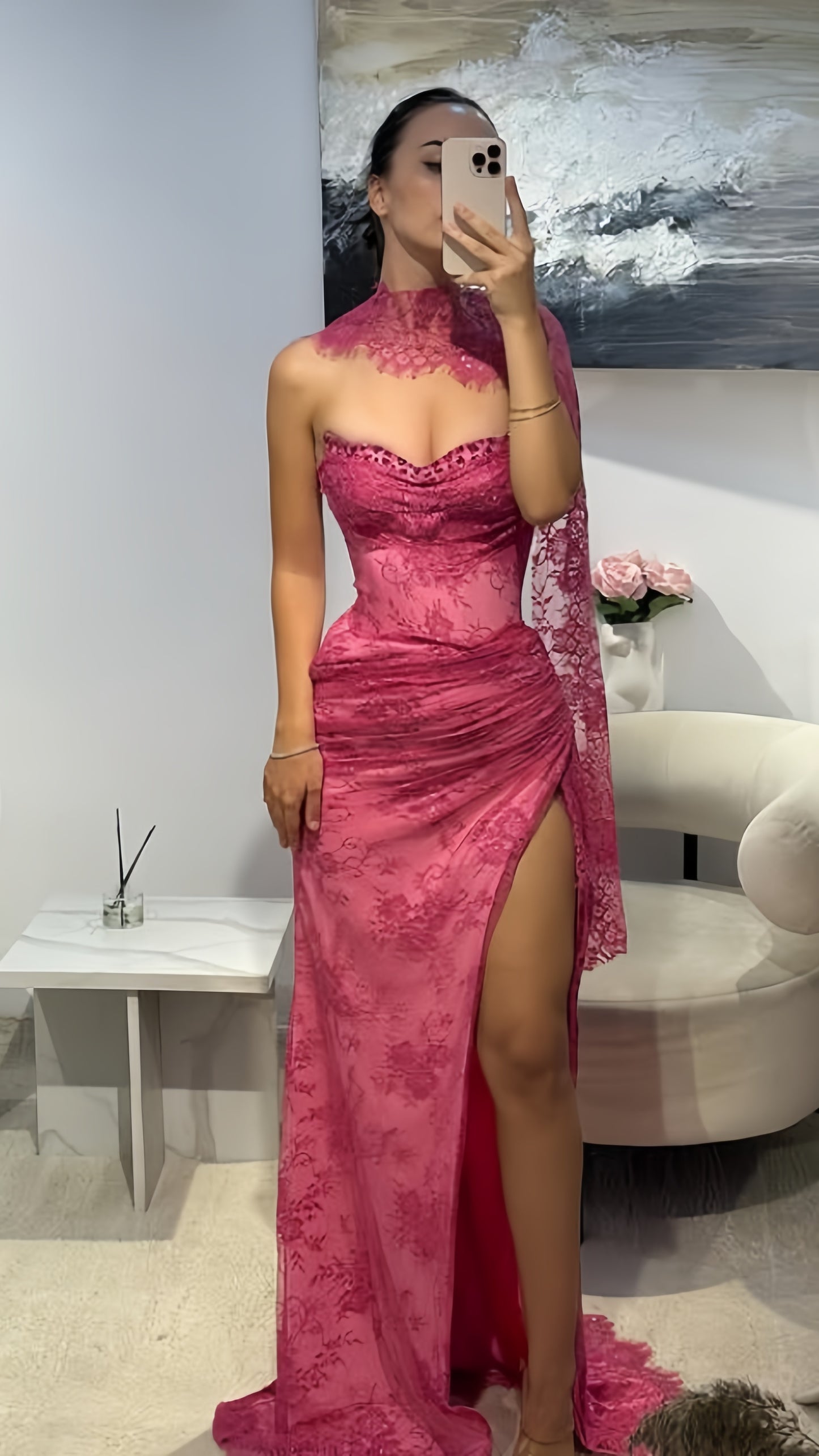 Elegant Pink Lace Mermaid Prom Dresses Long Evening Party Dress With Slit, LTP3992