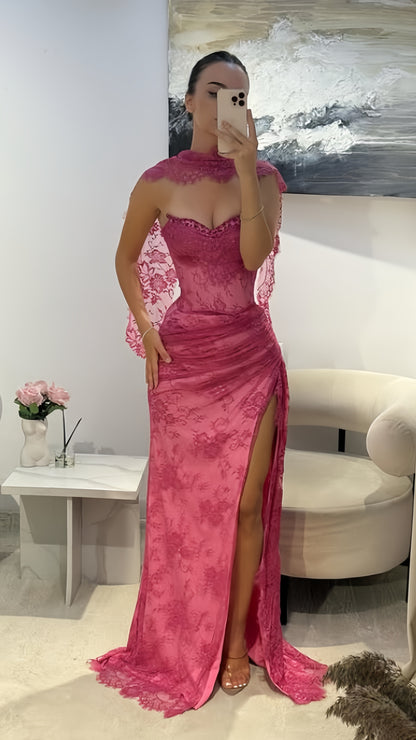 Elegant Pink Lace Mermaid Prom Dresses Long Evening Party Dress With Slit, LTP3992