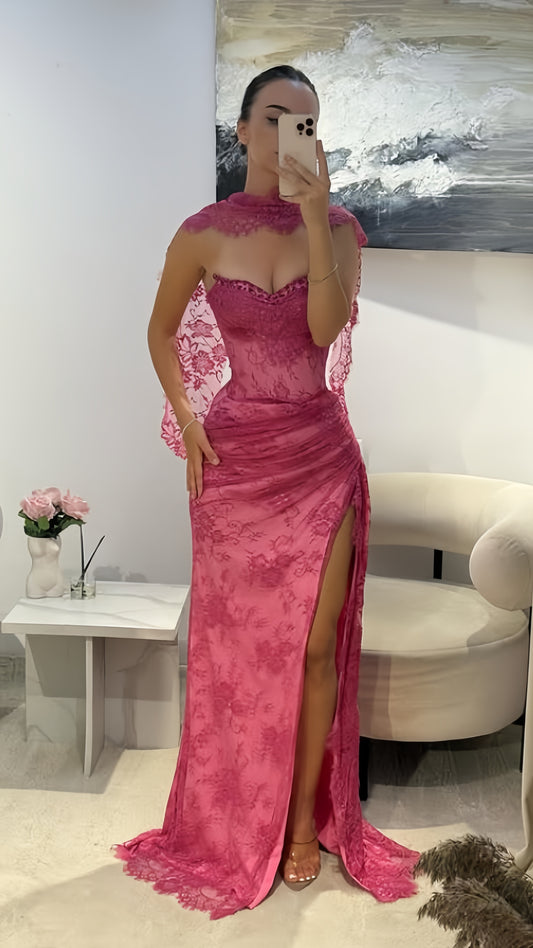 Elegant Pink Lace Mermaid Prom Dresses Long Evening Party Dress With Slit, LTP3992