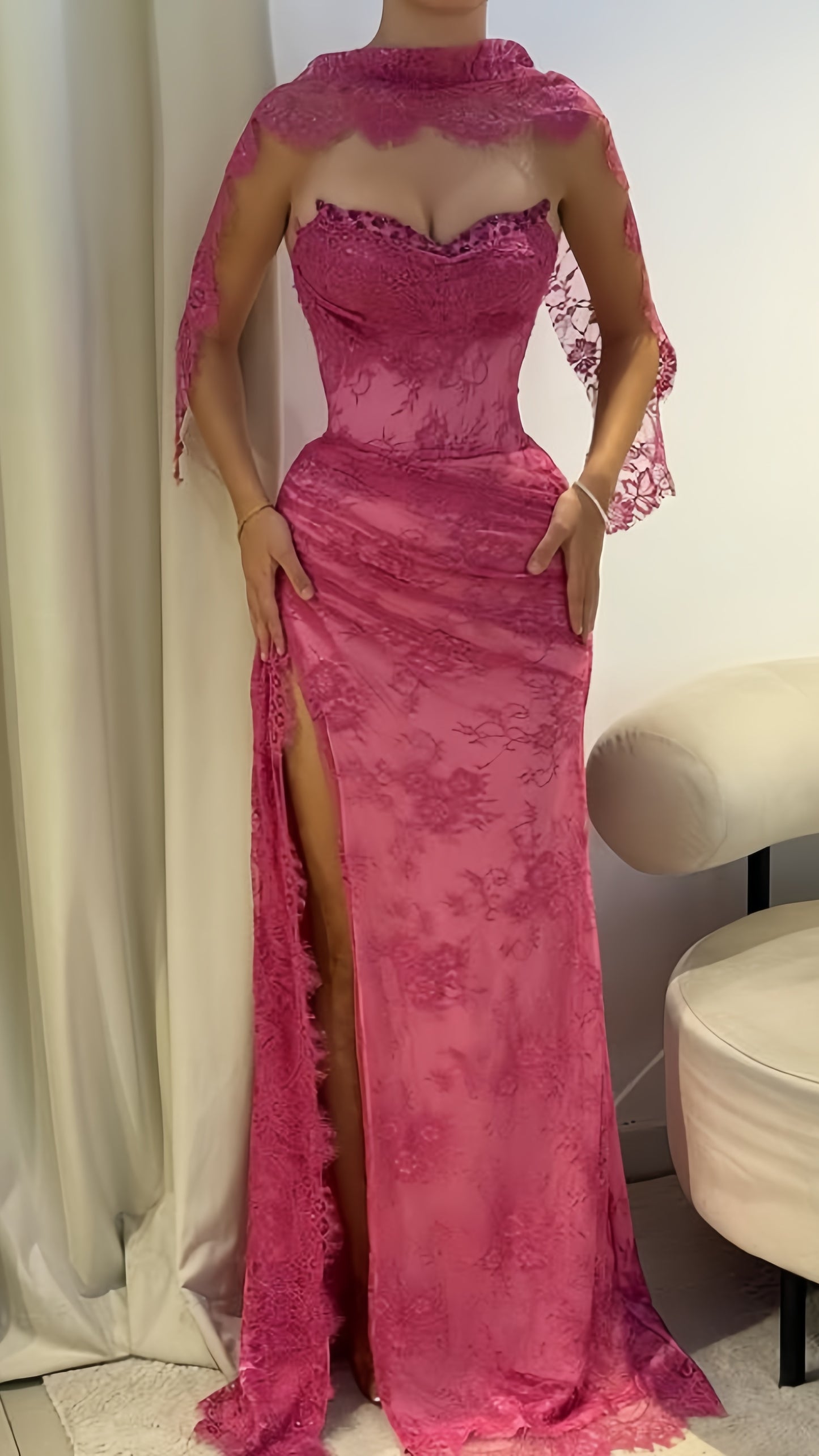 Elegant Pink Lace Mermaid Prom Dresses Long Evening Party Dress With Slit, LTP3992