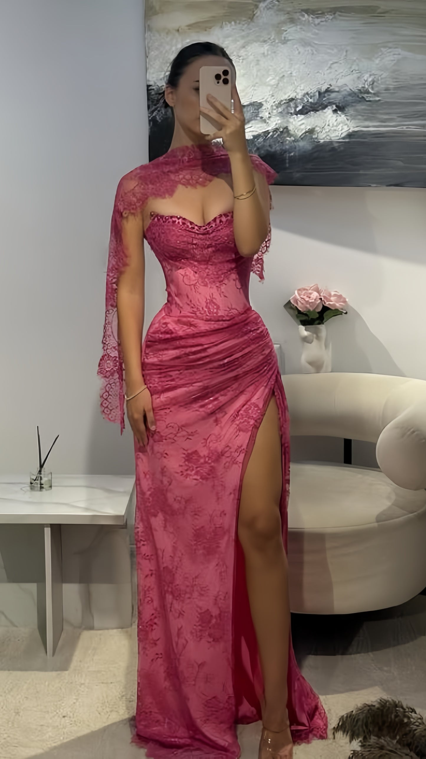 Elegant Pink Lace Mermaid Prom Dresses Long Evening Party Dress With Slit, LTP3992