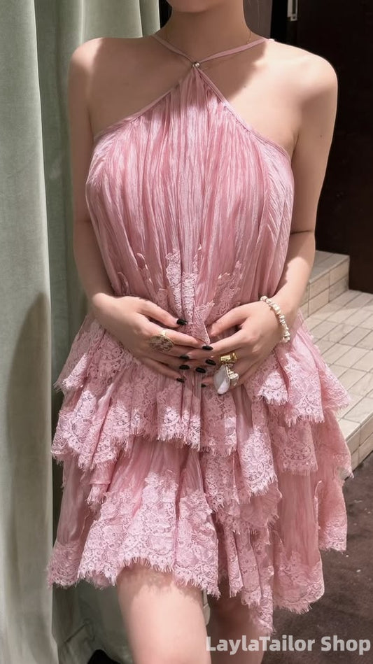 Elegant Pink Lace Ruffle Homecoming Dress