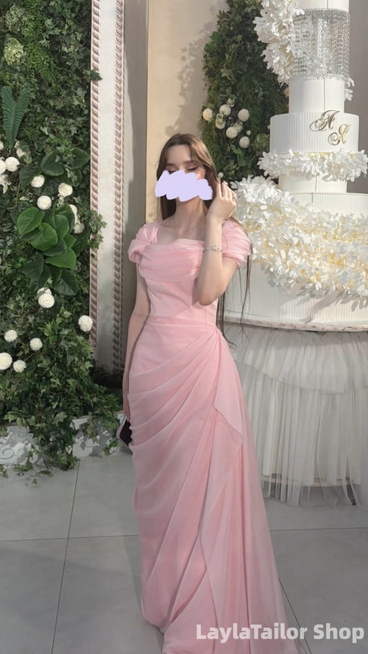 Elegant Pink Pleated Chiffon Long Prom Dress, Bridesmaid Dresses LTP82740