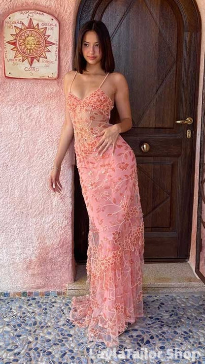 Elegant Pink Spaghetti Strap Sleeveless Mermaid Tulle Long Prom Dresses Online LTP82703