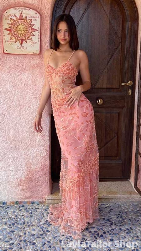 Elegant Pink Spaghetti Strap Sleeveless Mermaid Tulle Long Prom Dresses Online LTP82703