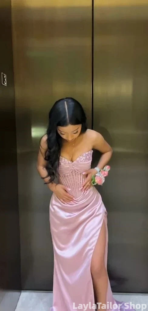 Elegant Pink Sweetheart Sleeveless Mermaid Satin Long Evening Prom Dresses Online LTP82699