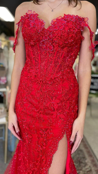 Elegant Red Mermaid Applqiues Beaded Prom Dresses Long Evening Party Dress,LTP4108