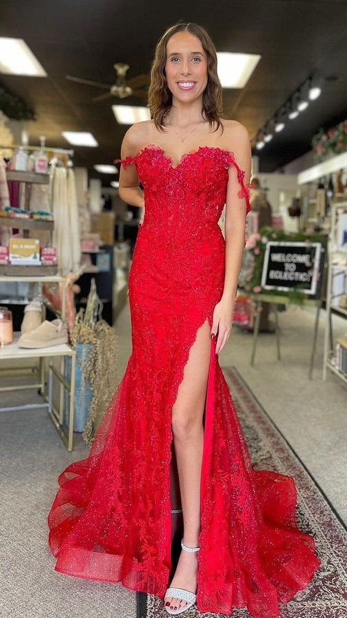 Elegant Red Mermaid Applqiues Beaded Prom Dresses Long Evening Party Dress,LTP4108