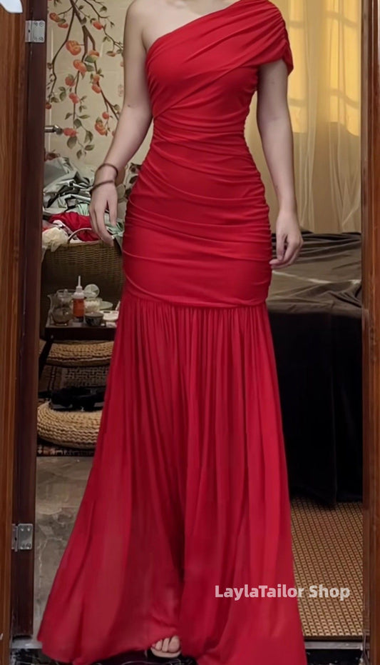 Elegant Red One Shoulder Chiffon Prom Dresses Bodycon Pleated Evening Party Gown,LTP4552