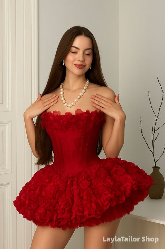 Elegant Red Strapless Floral Birthday Party Dress Sleeveless Homecoming Dresses