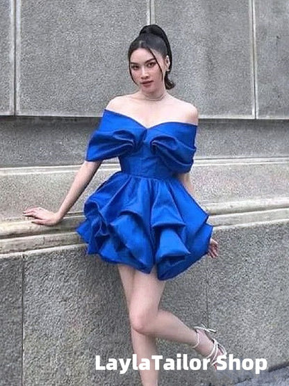 Elegant Royal Blue Bubble Off Shoulder Cheap Short Homecoming Dresses, LTP2901