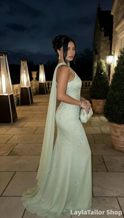Elegant Sage Green One Shoulder Prom Dress Appliques Sheer Mesh Gown LTP82710