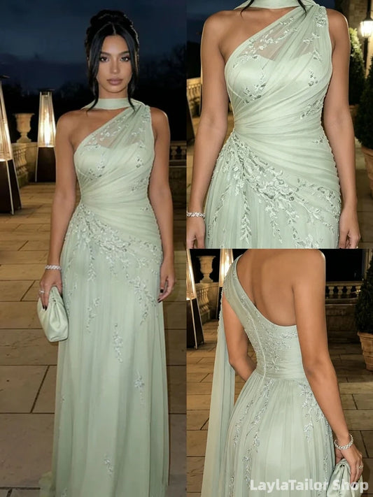 Elegant Sage Green One Shoulder Prom Dress Appliques Sheer Mesh Gown LTP82710