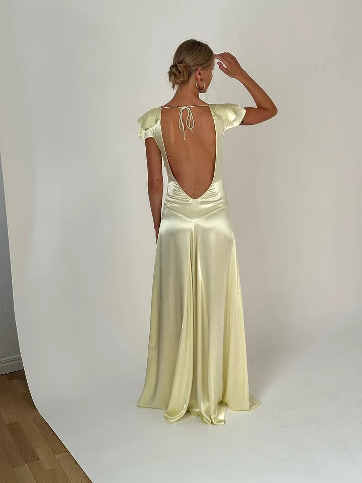 Elegant Satin V Neck Ruffles Short Sleeves Prom Dress with Pleated,LTP4408