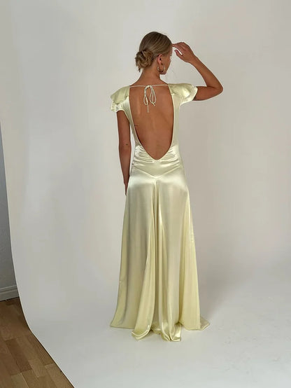 Elegant Satin V Neck Ruffles Short Sleeves Prom Dress with Pleated,LTP4408