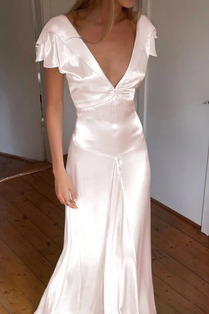 Elegant Satin V Neck Ruffles Short Sleeves Prom Dress with Pleated,LTP4408