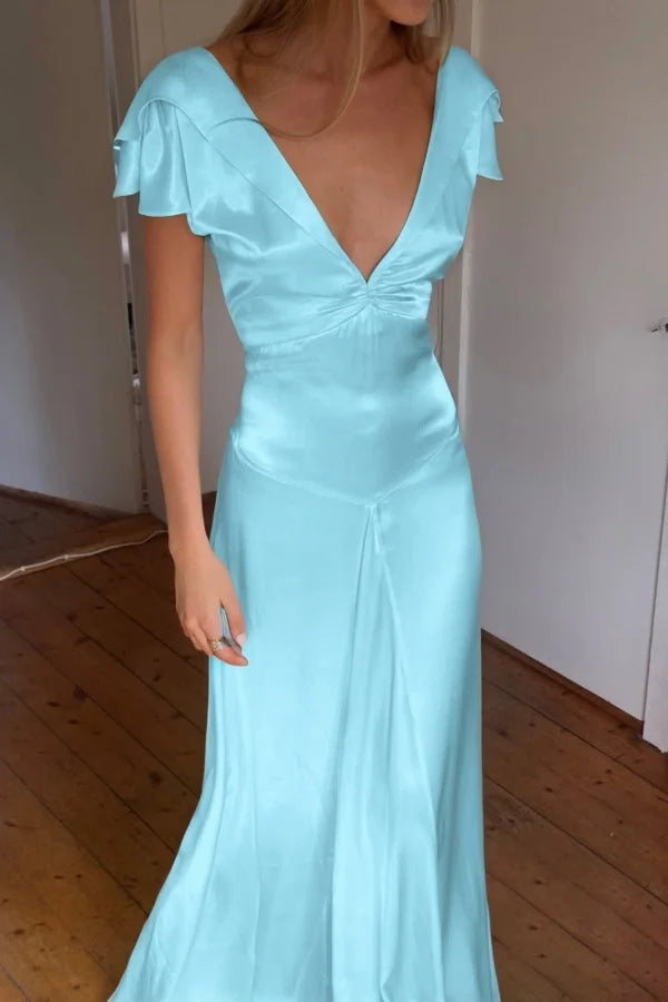 Elegant Satin V Neck Ruffles Short Sleeves Prom Dress with Pleated,LTP4408