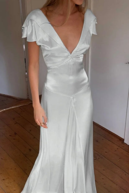 Elegant Satin V Neck Ruffles Short Sleeves Prom Dress with Pleated,LTP4408