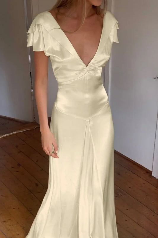 Elegant Satin V Neck Ruffles Short Sleeves Prom Dress with Pleated,LTP4408