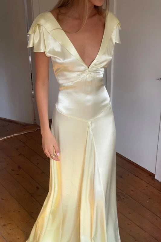 Elegant Satin V Neck Ruffles Short Sleeves Prom Dress with Pleated,LTP4408