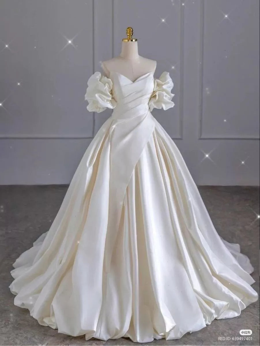 Elegant Satin Wedding Dresses Off the Shoulder A Line Puff Sleeves Bridal Gowns