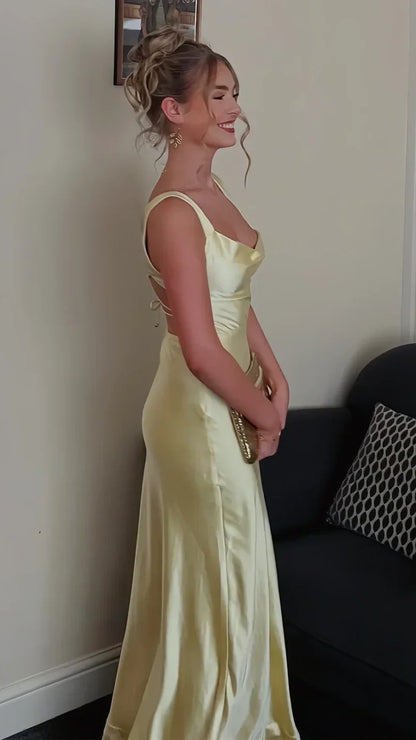 Elegant Sheath Square Neck Yellow Long Prom Dress with Criss Cross Back,LTP4393